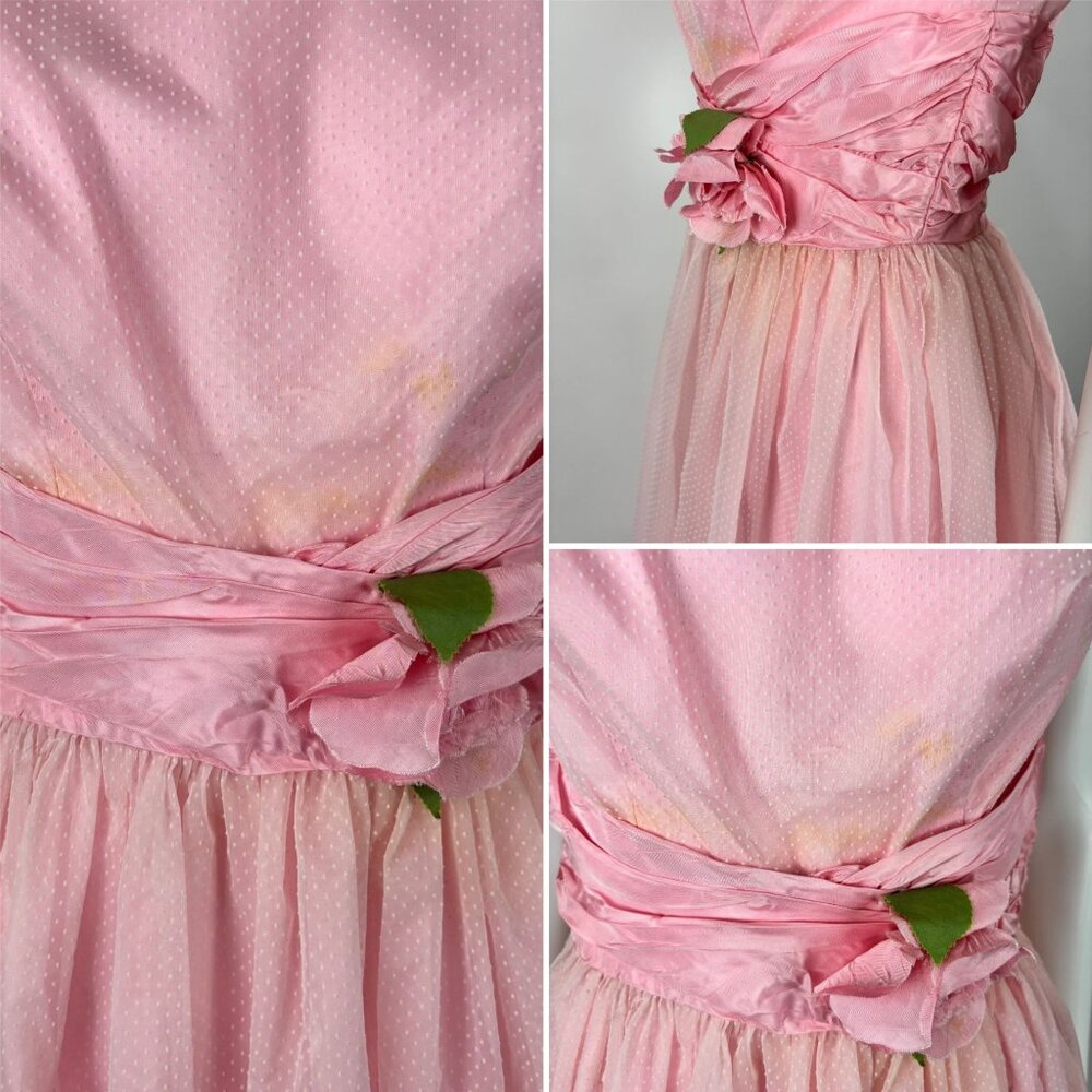 Vintage 50s Prom Dress Women's XS Pink Dotted Swiss Full Skirt Formal Fit Flare - Picture 10 of 15